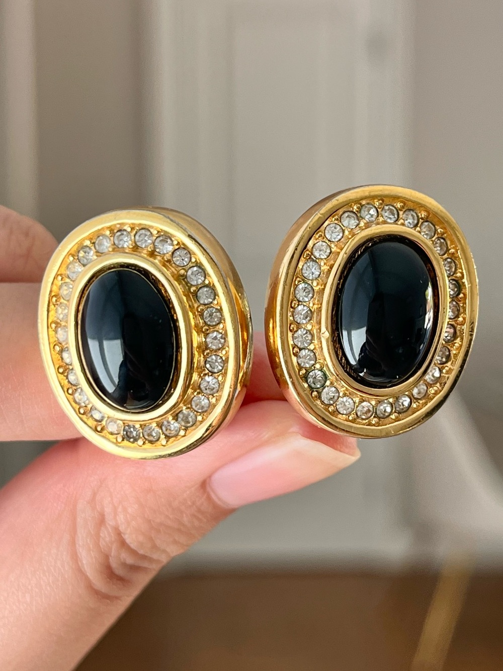 Authentic Vintage Dior Oval Black Glass Cabochon Rhinestone Gold Clip Earrings